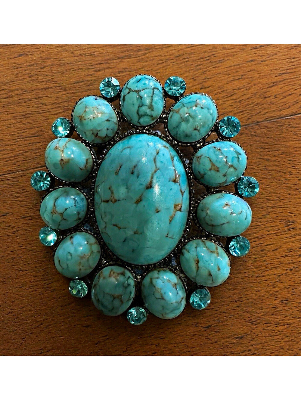 Silver-Tone Turquoise Oval Cabochon Flower Brooch Pin, Crystal Cluster